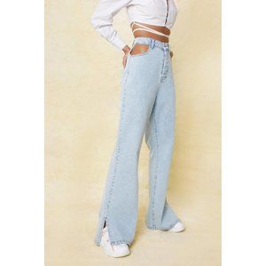 NASTY GAL Women's Size 4 Light Wash Cut Out Split Hem Wide Leg Denim Jeans Baggy